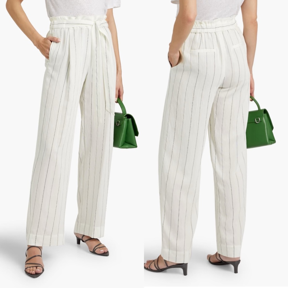 NEW VINCE Off-White Striped Crepe Wide Leg Pants, 2X